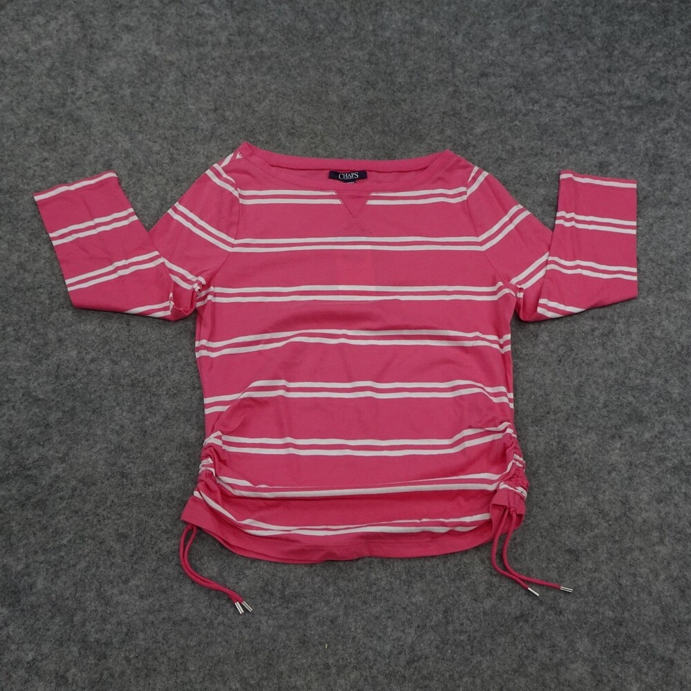 Chaps Ralph Lauren Top Womens XS Rouched Shirt Pink White Cotton Striped A